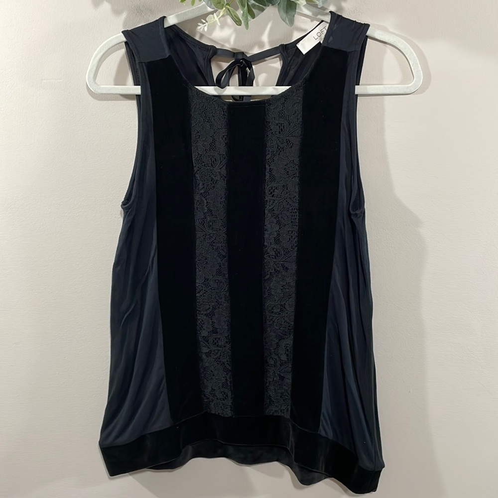 LOFT Sleeveless Tie Back Velvet and Lace Black Top S
